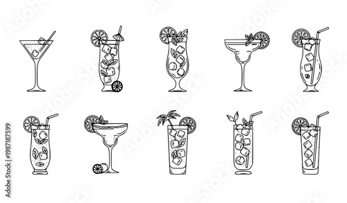 Cocktail outline line art vector set with minimalist drinks lemon garnish and modern bar menu illustration collection