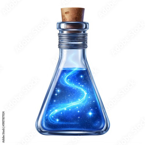 Glowing blue mana potion in a triangular glass bottle with a cork stopper and magical sparkles isolated on transparent background