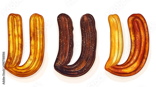 Digitally painted churro desserts in various flavors, arranged on a white background, appetizing