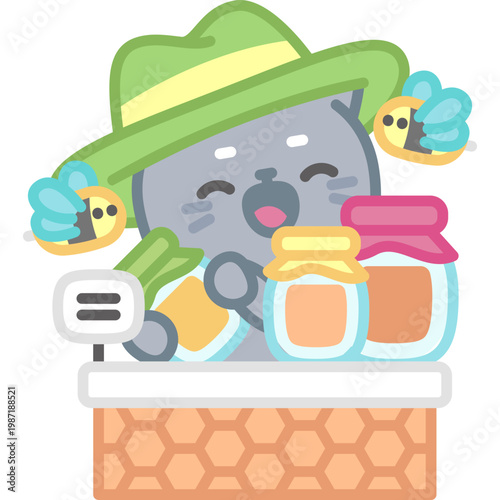 Cute cartoon cat wearing a green hat selling jars of honey at a market stall with friendly bees buzzing around