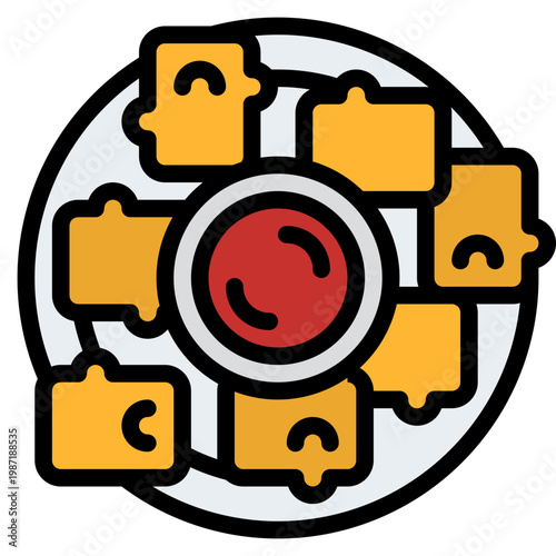 Nuggets with dipping sauce on a plate icon, top view of fried chicken pieces with red ketchup or barbecue dip