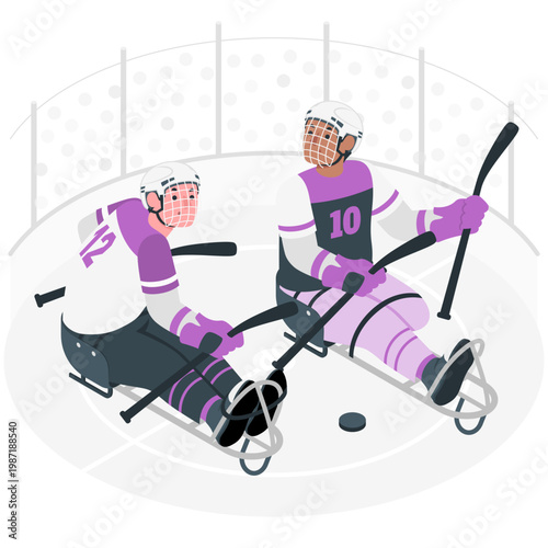 Two para ice hockey players in uniform on the rink with hockey sticks and puck