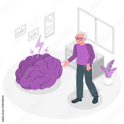 An elderly man experiencing cognitive decline or mental health issues with a large brain icon