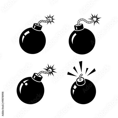 Set of Four Black Bomb Icons with Burning Fuses