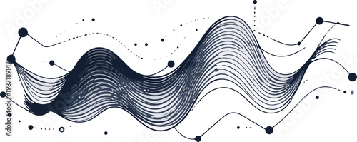 A modern abstract illustration of wavy lines and dots on a white background