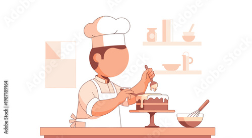 Pastry Chef Decorating Cake with Cream in Flat Vector Illustration Style