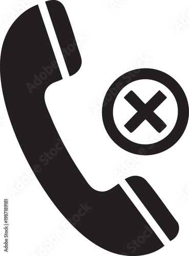 Black telephone icon with reject symbol, phone reject sign, call cancel mark, vector communication symbol