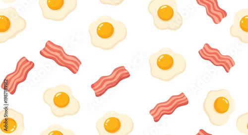 Seamless Pattern of Fried Eggs and Bacon Strips for Breakfast Food Background