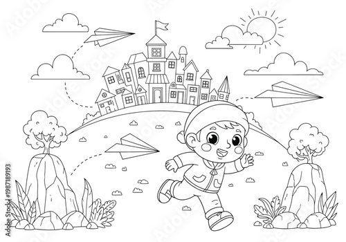 Coloring page for children with a cute cartoon boy running in a landscape with a town in the background, paper planes, trees, and clouds, line art illustration