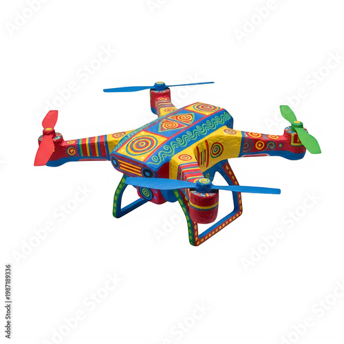 A colorful pixel art quadcopter drone with red, yellow, and blue patterns and multi-colored propellers. isolated on transparent background