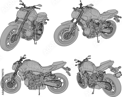 Aggressive Green Sport Racing Motorcycle Illustration Highlighting Large Engine CC Specs and Aerodynamic Body Structure for Gaming Assets 
