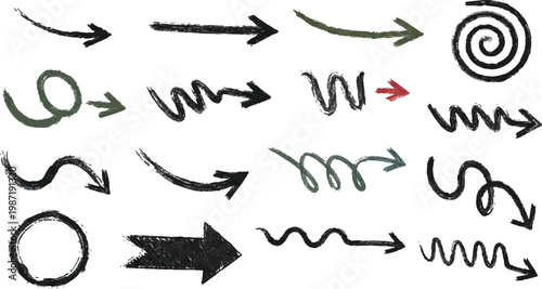 set of hand drawn abstract distress grunge brush arrows, set of black and white silhouettes of various brushed strokes, Hand-drawn collection of various arrow