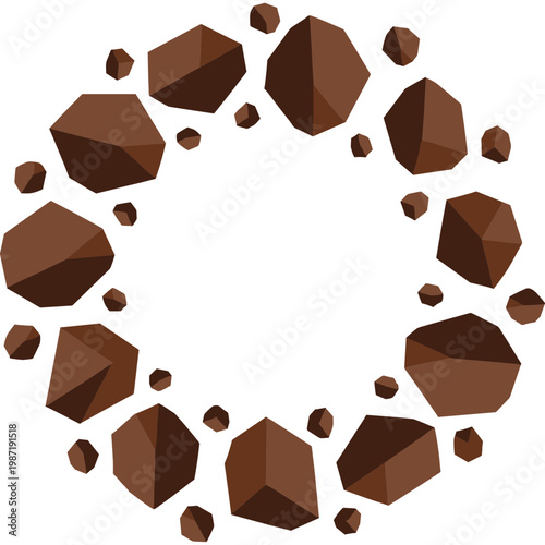 Brown chocolate stones form circular pattern on white background with small pieces