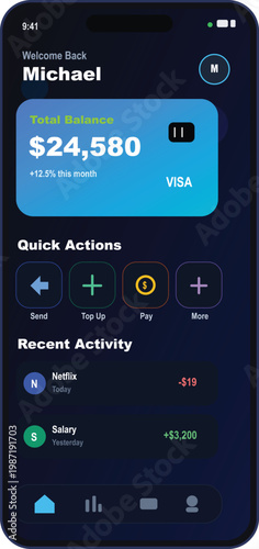 Dark Mobile Banking Dashboard UI Screen Fintech Finance App Vector Template