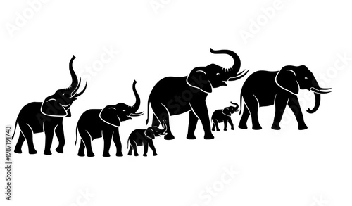 Decorative elephant silhouettes vector with elegant shapes and symbolic poses isolated on white