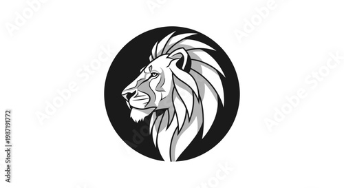 Black and white lion head illustration.