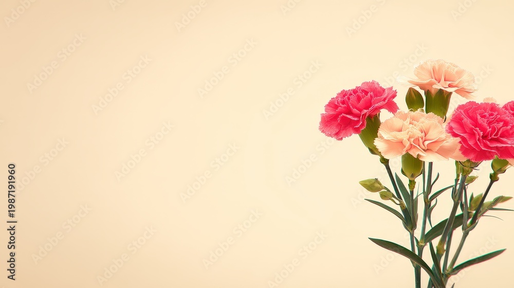 Fototapeta premium Delicate Pink and Peach Carnations with Soft Cream Background