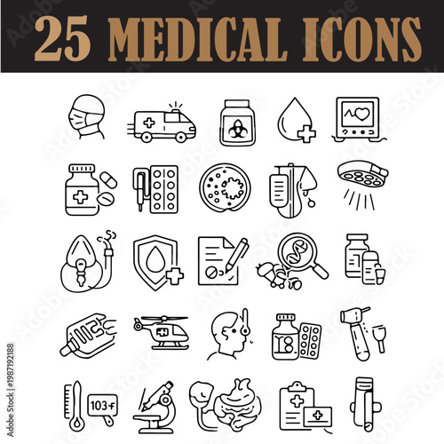Medical icons set of 25 vector line illustrations, healthcare symbols for hospital and clinic services, professional medicine icons isolated PNG with Transparent Background
