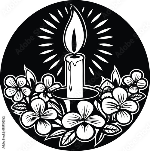Black and white candle icon with flowers, candle flame logo, floral wreath design, monochrome illustration