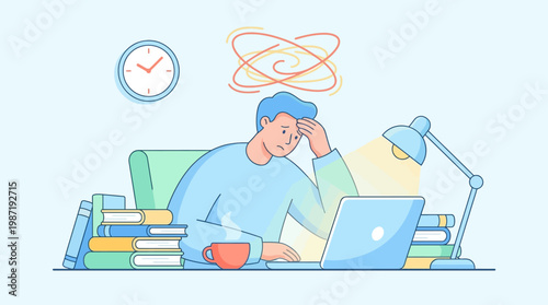 Stressed employee experiencing burnout at a desk in a blue home office flat vector illustration.