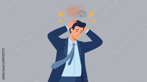 Anxious businessman suffering from burnout and stress, flat vector illustration on grey backdrop.