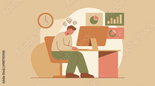 Stressed employee suffering from burnout at a remote desk in a muted flat vector illustration.