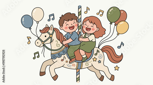 Happy Children Riding a Carousel Horse with Colorful Balloons