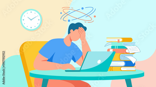 Overwhelmed man experiencing burnout at a desk with a laptop, flat vector in a hybrid work setting.