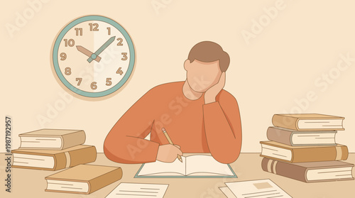 Overwhelmed employee suffering burnout in a muted flat illustration while working in a home office.