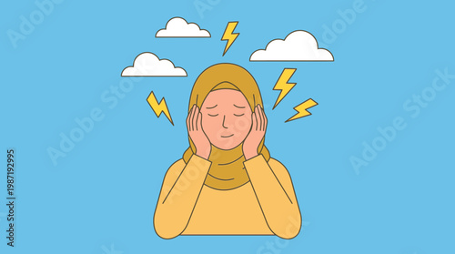 Stressed woman in hijab feeling burnout, flat illustration on blue background for remote work.