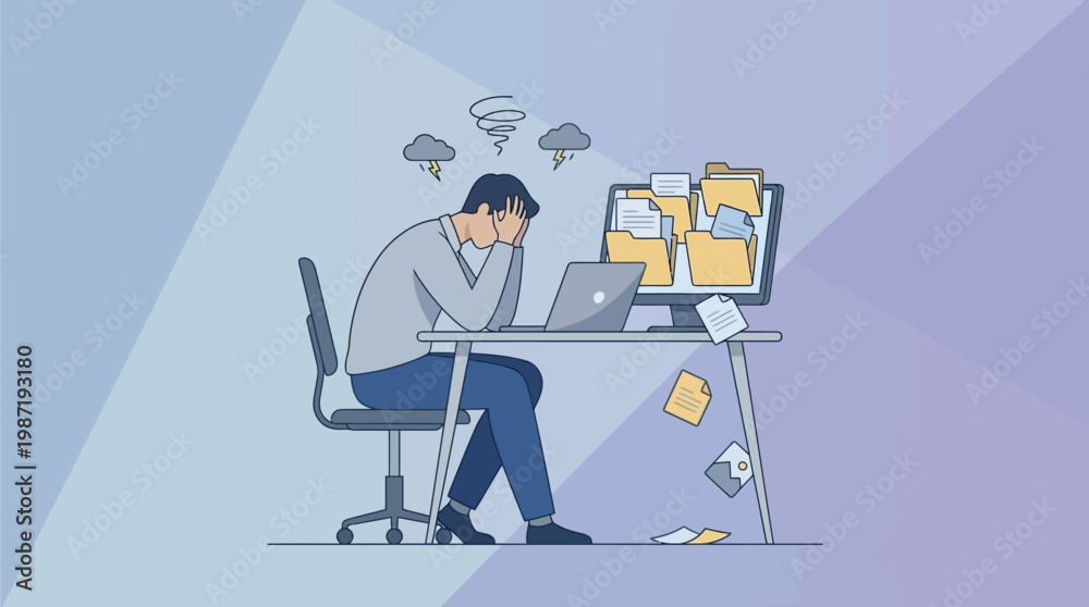 Fototapeta premium Overwhelmed remote worker suffering from burnout at a desk with folders, flat vector illustration.