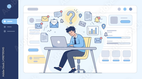 Stressed employee suffering from burnout at a hybrid work desk with digital icons in blue.