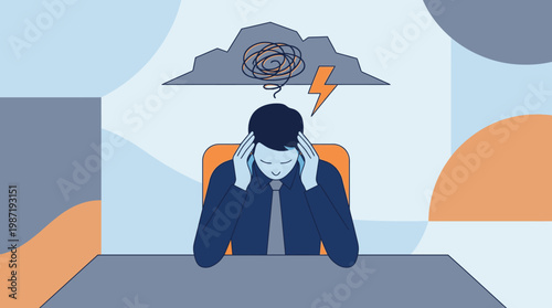 Anxious employee suffering burnout at a desk, flat vector illustration in a blue remote office.