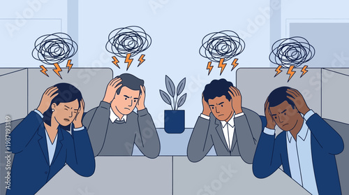 Stressed workers suffering from burnout and anxiety in a blue-toned hybrid office illustration.