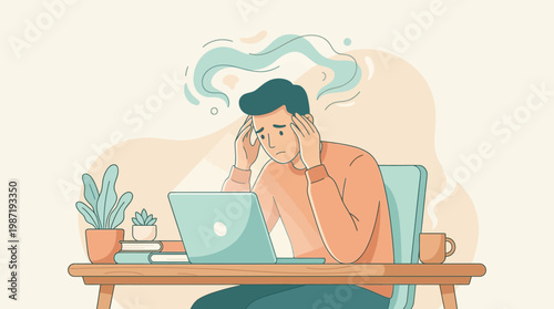 Stressed man experiencing burnout while working remotely on a laptop in a pastel home office.