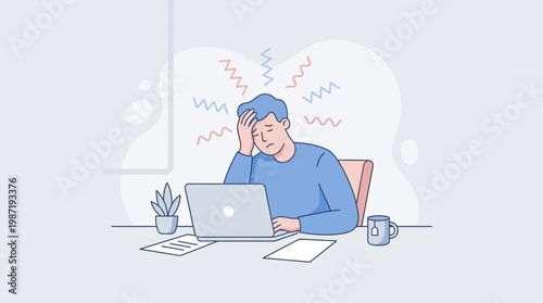 Overwhelmed employee experiencing stress at a laptop in a muted blue remote office illustration.