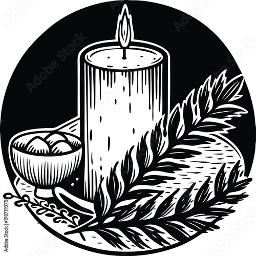 Black and white, vintage candle, leaf, and bowl illustration, monochrome decorative icon, candlelight symbol, peaceful ambiance elements
