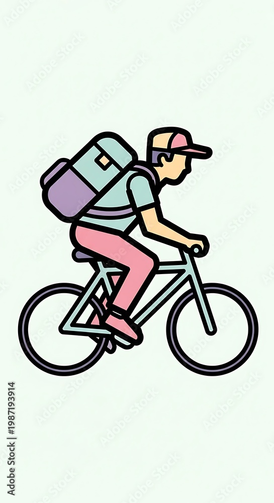 Fototapeta premium A flat-design illustration depicts a person riding a bicycle with a large backpack. The individual wears a cap and casual clothing, cycling