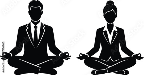 Business professionals meditating in lotus position for stress relief
