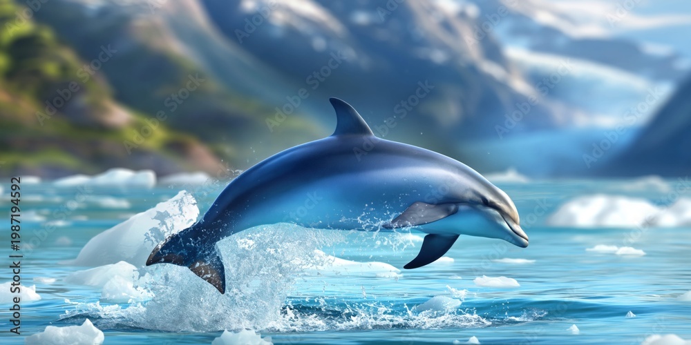 Obraz premium Majestic dolphin leaps from icy arctic waters with snow-capped mountains in background