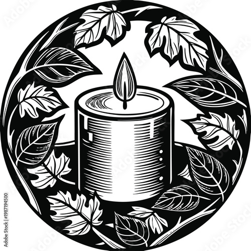 Black and white candle icon, leafy wreath, monochrome illustration, candle flame