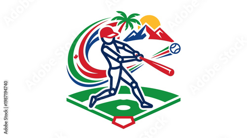 Baseball Player Hitting a Ball with Tropical Elements