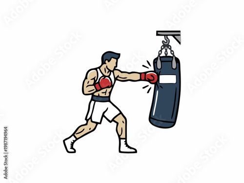 Strong Boxer Training with Punching Bag Illustration Isolated on White Background