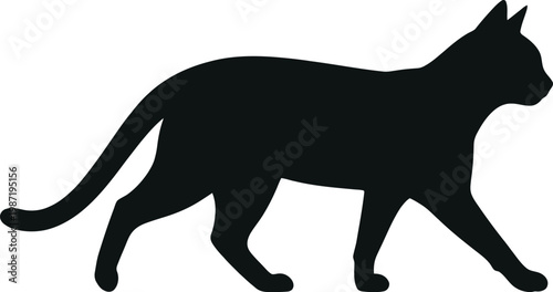 Black cat walking in profile view, silhouette illustration of feline