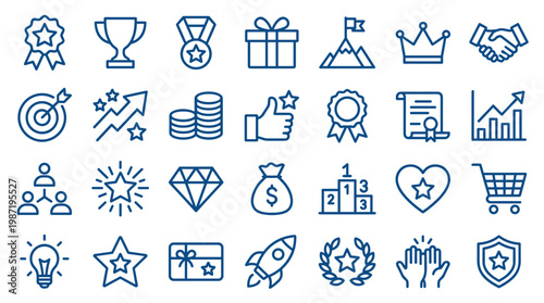 Collection of modern flat icons representing success achievement goals business growth and rewards in blue outline style on white background