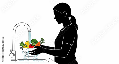 Woman Washing Fresh Colorful Vegetables.