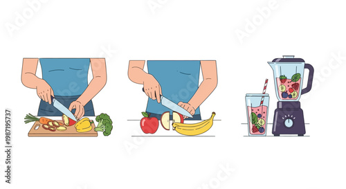 Hands cutting fruit for blender.