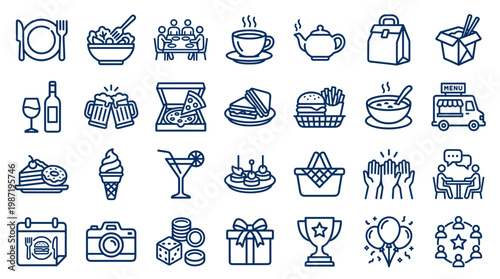 Collection of food and celebration icons representing dining events parties and social gatherings with diverse culinary and recreational themes