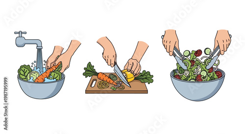 Hands preparing salad with fresh vegetables.