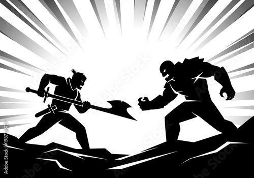 Heroic Duel on Rocky Terrain in Dramatic Silhouette